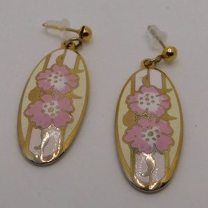 vintage pink gold white floral enamel earrings